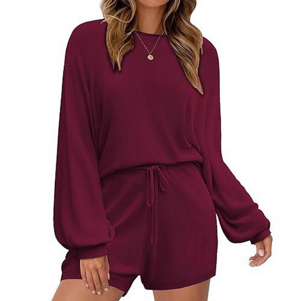 Ekouaer Knit Pajama Set Women Small Burgundy 2pc Lounge